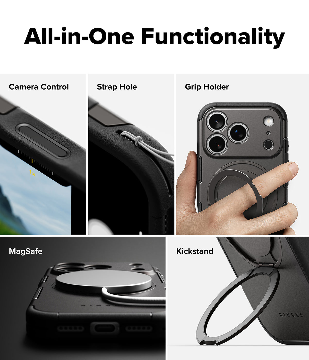 iPhone 18 Pro Case | Alles - A promotional collage showing a black all-in-one phone case with multiple features labeled: Camera Control, Strap Hole, Grip Holder, MagSafe, and Kickstand. A hand is visible holding the case in the top-right panel, so this is Lifestyle rather than Product/Packaging.