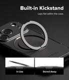 iPhone 18 Pro Case | Alles - A black phone case with a built-in circular kickstand ring, shown on a dark background with text reading 'Built-in Kickstand' and two small inset images demonstrating 'In Use' and 'Stored Away' positions.