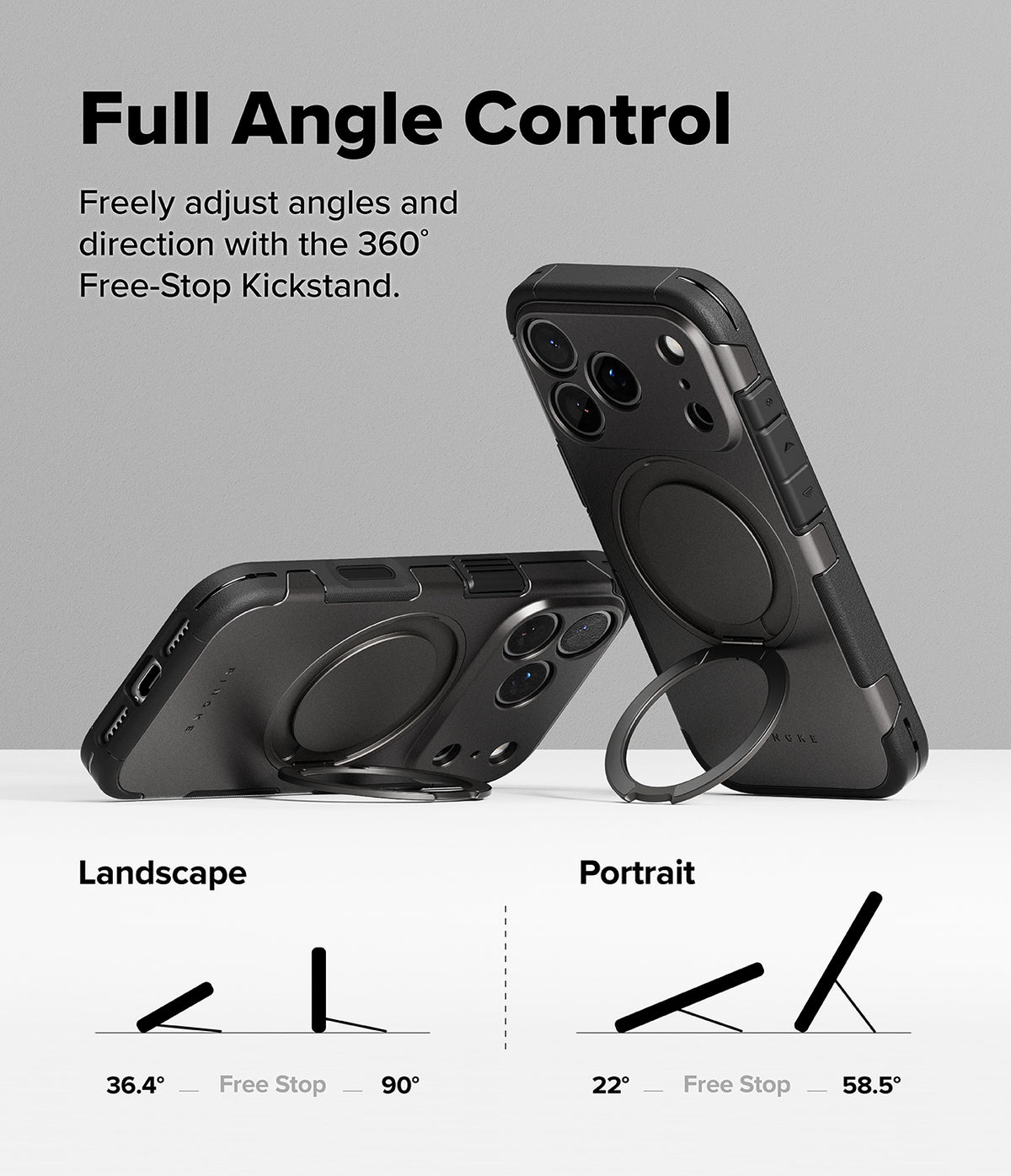 iPhone 18 Pro Case | Alles - Black protective phone case with a built-in kickstand, shown from multiple angles with text explaining landscape and portrait orientation settings on a light gray background.