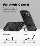 iPhone 18 Pro Case | Alles - Black protective phone case with a built-in kickstand, shown from multiple angles with text explaining landscape and portrait orientation settings on a light gray background.