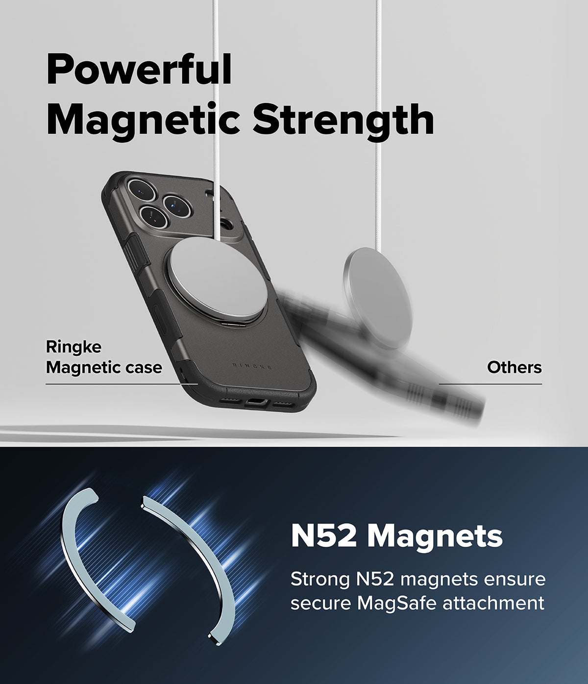 iPhone 18 Pro Case | Alles - Promotional graphic for a magnetic phone case showing a black Ringke magnetic case with a circular MagSafe ring, plus text reading 'Powerful Magnetic Strength' and 'N52 Magnets' on a light gray and dark blue background.