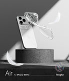iPhone 18 Pro Case | Air - Clear protective phone case for iPhone 18 Pro displayed on a dark pedestal, with a white iPhone shown behind it. The image has a minimalist studio setup with feathers and text reading 'Air for iPhone 18 Pro' and 'Ringke'.