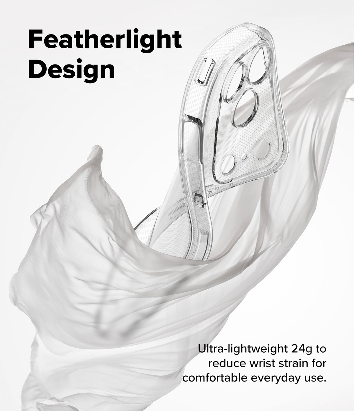 iPhone 18 Pro Case | Air - A clear transparent phone case with a triple-camera cutout, shown floating among flowing white fabric on a light gray background. Text reads 'Featherlight Design' and 'Ultra-lightweight 24g to reduce wrist strain for comfortable everyday use.