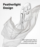 iPhone 18 Pro Case | Air - A clear transparent phone case with a triple-camera cutout, shown floating among flowing white fabric on a light gray background. Text reads 'Featherlight Design' and 'Ultra-lightweight 24g to reduce wrist strain for comfortable everyday use.