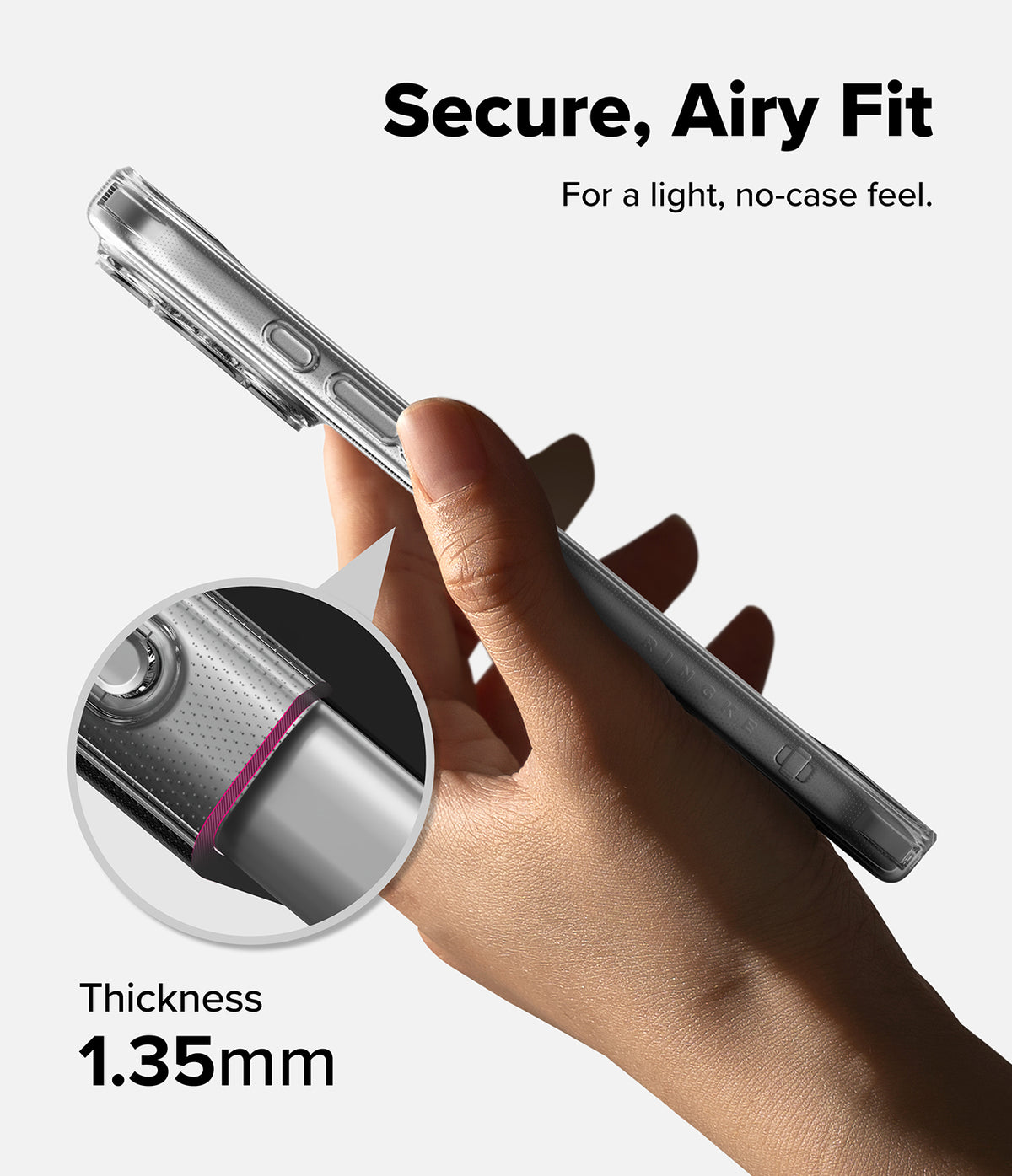 iPhone 18 Pro Case | Air - A hand holds a slim transparent phone case over a light gray background, with text reading 'Secure, Airy Fit' and a circular inset showing a close-up of the case edge and a 1.35mm thickness claim.
