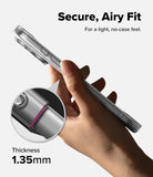 iPhone 18 Pro Case | Air - A hand holds a slim transparent phone case over a light gray background, with text reading 'Secure, Airy Fit' and a circular inset showing a close-up of the case edge and a 1.35mm thickness claim.