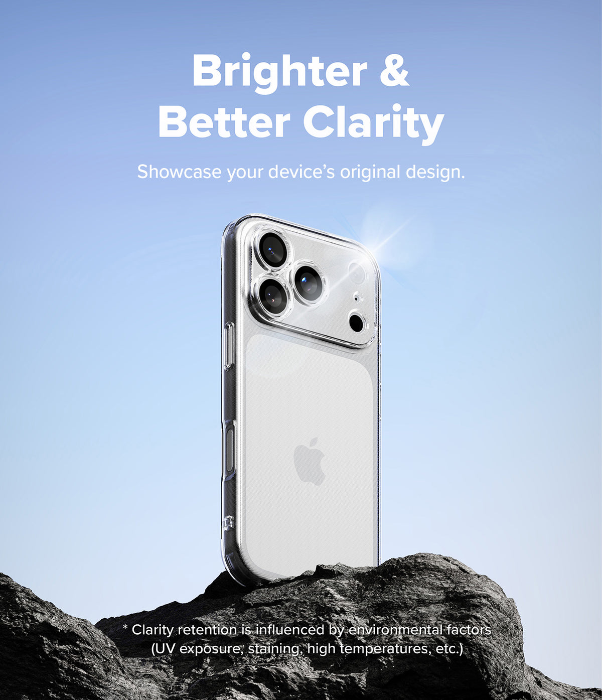 iPhone 18 Pro Case | Air - A clear protective phone case shown on the back of a white smartphone, standing on dark rocks against a blue sky background. Large text at the top reads 'Brighter & Better Clarity' with smaller supporting copy, and a small disclaimer appears at the bottom.