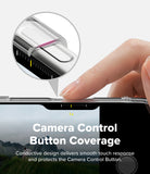 iPhone 18 Pro Case | Air - A close-up of a hand pressing the camera control button of a smartphone, with a circular inset showing a transparent protective cover over the button. Text on the image reads 'Camera Control Button Coverage' and describes a conductive design that delivers smooth touch response and protection.
