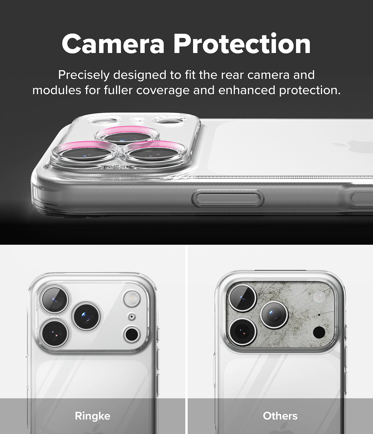 iPhone 18 Pro Case | Air - Promotional graphic for a clear camera protection case shown on a smartphone. The top section has text reading 'Camera Protection' and shows the case installed on the phone, with pink ring accents around the camera openings.