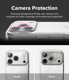 iPhone 18 Pro Case | Air - Promotional graphic for a clear camera protection case shown on a smartphone. The top section has text reading 'Camera Protection' and shows the case installed on the phone, with pink ring accents around the camera openings.