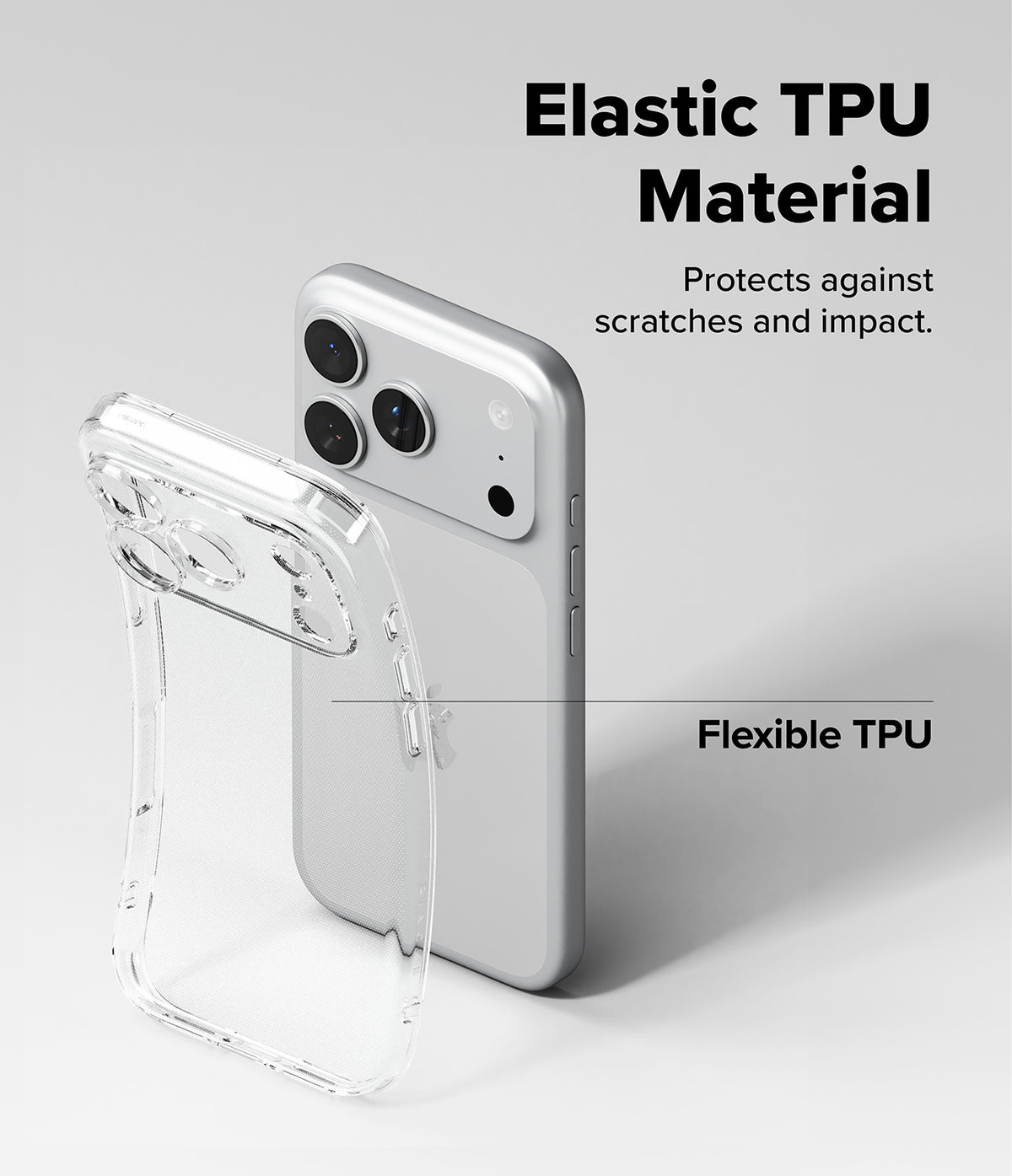 iPhone 18 Pro Case | Air - Transparent TPU phone case shown beside a silver smartphone on a light gray background, with text reading 'Elastic TPU Material,' 'Protects against scratches and impact,' and 'Flexible TPU.'.