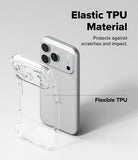 iPhone 18 Pro Case | Air - Transparent TPU phone case shown beside a silver smartphone on a light gray background, with text reading 'Elastic TPU Material,' 'Protects against scratches and impact,' and 'Flexible TPU.'.
