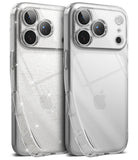 iPhone 18 Pro Case | Air - Two clear phone cases shown from the back, one with subtle glitter and one with a textured pattern, fitted on silver iPhones against a white background.