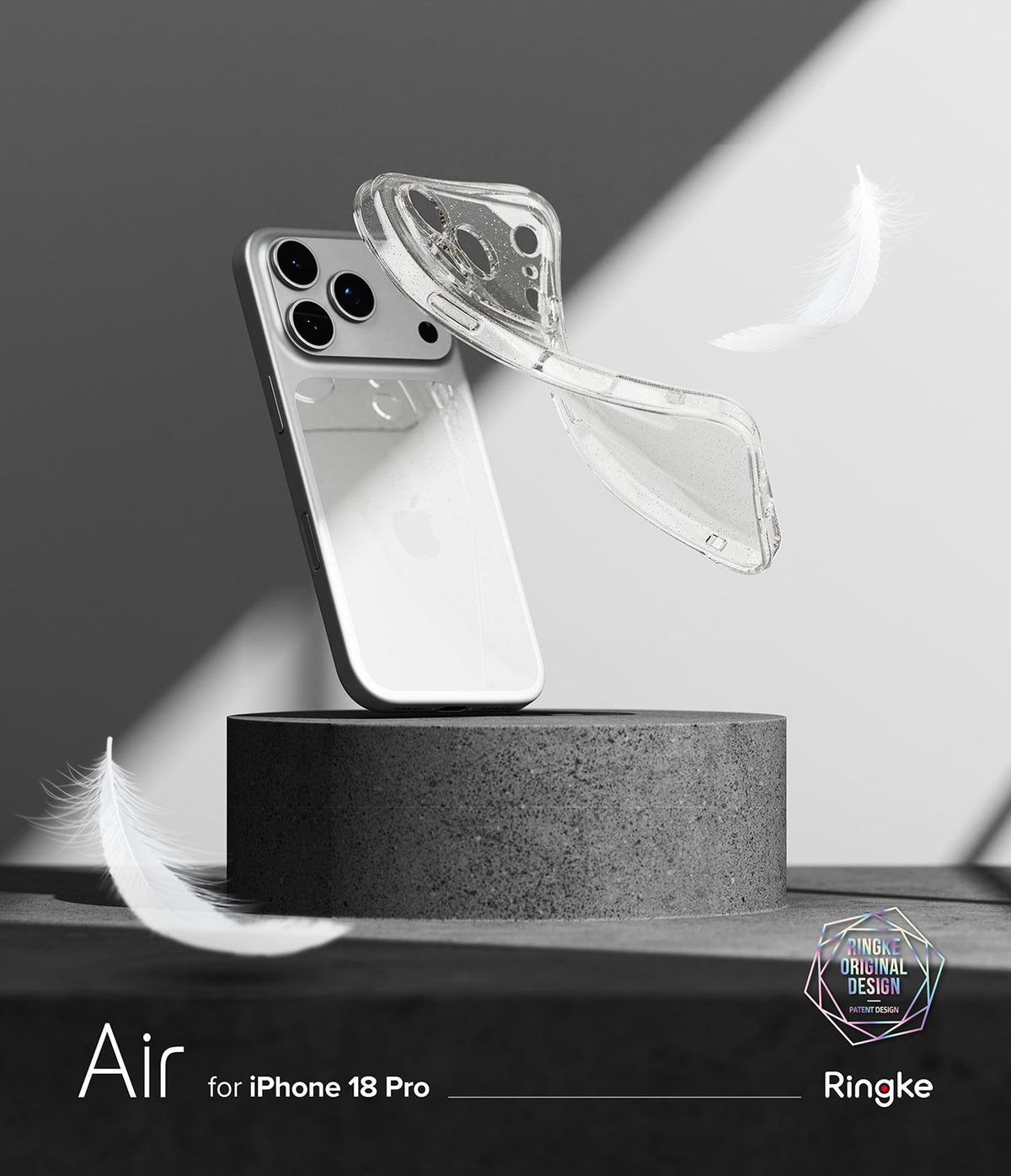iPhone 18 Pro Case | Air - Transparent protective phone case for iPhone 18 Pro Max, shown floating above a dark gray pedestal with a white iPhone behind it. The image is monochrome with feather props and text reading 'Air for iPhone 18 Pro Max' and 'Ringke'.