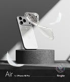 iPhone 18 Pro Case | Air - Transparent protective phone case for iPhone 18 Pro Max, shown floating above a dark gray pedestal with a white iPhone behind it. The image is monochrome with feather props and text reading 'Air for iPhone 18 Pro Max' and 'Ringke'.