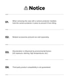 iPhone 18 Pro Case | Air - A black-and-white notice sheet with a warning icon and four numbered text points about handling a camera case and camera protector, sold separately accessories, environmental discoloration, and third-party compatibility.