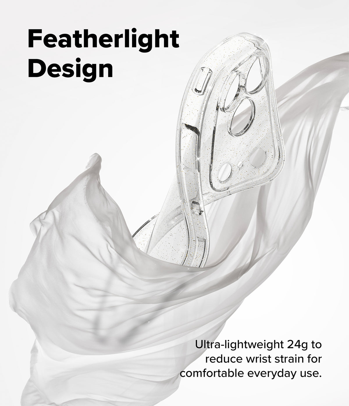 iPhone 18 Pro Case | Air - A clear transparent phone case with a camera cutout and button openings, shown floating against a white background with flowing translucent fabric and text reading 'Featherlight Design' and 'Ultra-lightweight 28.6g to reduce wrist strain for comfortable everyday use.
