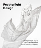 iPhone 18 Pro Case | Air - A clear transparent phone case with a camera cutout and button openings, shown floating against a white background with flowing translucent fabric and text reading 'Featherlight Design' and 'Ultra-lightweight 28.6g to reduce wrist strain for comfortable everyday use.