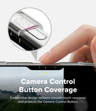 iPhone 18 Pro Case | Air - A close-up of a hand pressing the camera control button of a smartphone, with a circular inset showing a transparent protective cover over the button. Text on the image reads 'Camera Control Button Coverage' and describes a conductive design that delivers smooth touch response and protection.