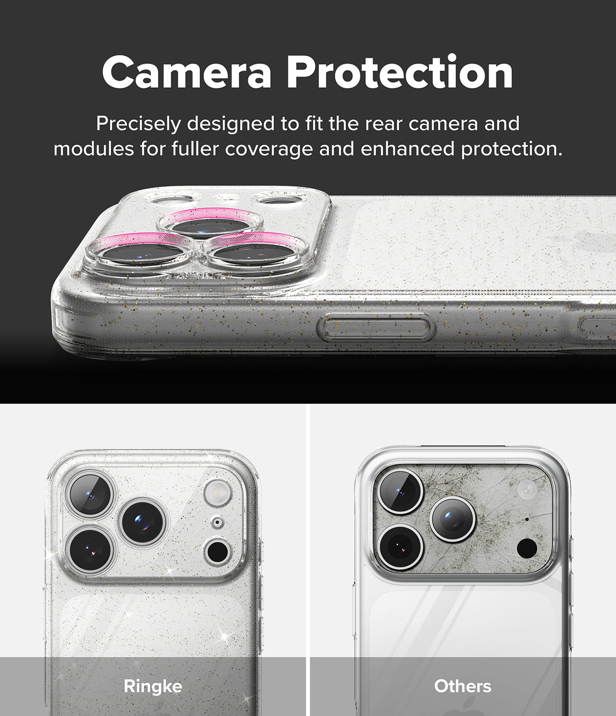 iPhone 18 Pro Case | Air - Promotional graphic for a clear camera protection case shown on a smartphone. The top section has text reading 'Camera Protection' and shows the case installed on the phone, with pink ring accents around the camera openings.