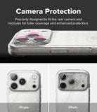 iPhone 18 Pro Case | Air - Promotional graphic for a clear camera protection case shown on a smartphone. The top section has text reading 'Camera Protection' and shows the case installed on the phone, with pink ring accents around the camera openings.