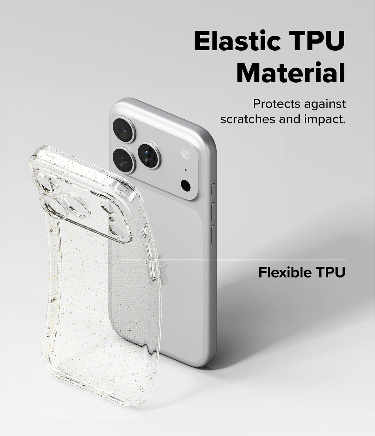 iPhone 18 Pro Case | Air - A clear, transparent phone case with subtle glitter flecks is shown in front of a silver smartphone on a light gray background. Text on the image highlights the product's elastic TPU material and its protective qualities against scratches and impact.