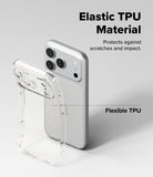 iPhone 18 Pro Case | Air - A clear, transparent phone case with subtle glitter flecks is shown in front of a silver smartphone on a light gray background. Text on the image highlights the product's elastic TPU material and its protective qualities against scratches and impact.