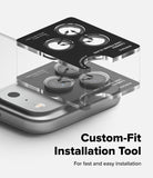 iPhone 18 Pro / Pro Max Protectors - Custom-fit lens guard installation tool shown over a smartphone camera module, with text reading 'Custom-Fit Installation Tool' and 'For fast and easy installation.'.