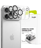 iPhone 18 Pro Camera Protector | Camera Full Cover Tempered Glass (2 Pack) - Ringke camera full cover tempered glass protector set shown on a smartphone with multiple circular lens protectors applied, alongside the product packaging box.