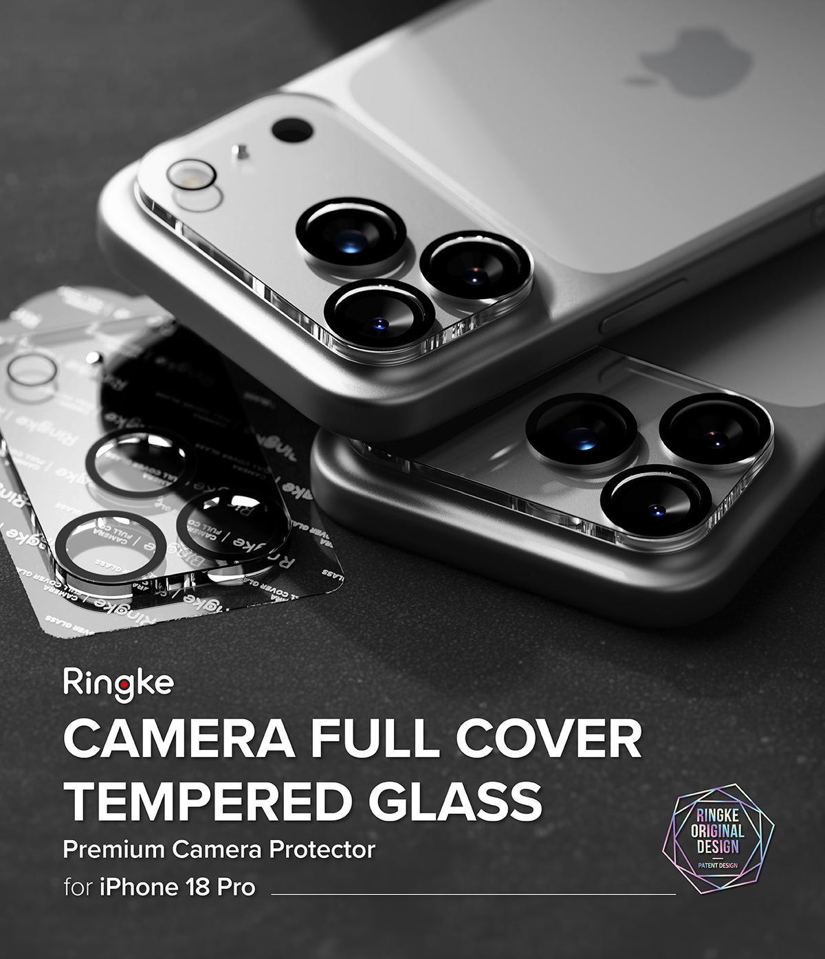 iPhone 18 Pro Camera Protector | Camera Full Cover Tempered Glass (2 Pack) - Ringke camera full cover tempered glass protector shown installed on two silver iPhone 18 Pro Max phones, with the packaging blister pack lying on a dark textured surface. Text overlay reads 'Ringke CAMERA FULL COVER TEMPERED GLASS Premium Camera Protector for iPhone 18 Pro Max'.
