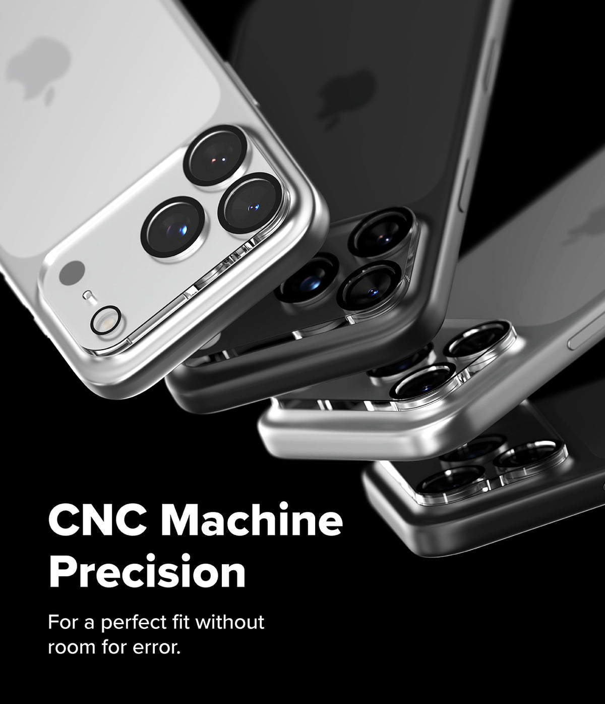 iPhone 18 Pro Camera Protector | Camera Full Cover Tempered Glass (2 Pack) - Three smartphone cases in silver and black shown at an angle on a black background, with text reading 'CNC Machine Precision' and 'For a perfect fit without room for error.'.