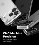iPhone 18 Pro Camera Protector | Camera Full Cover Tempered Glass (2 Pack) - Three smartphone cases in silver and black shown at an angle on a black background, with text reading 'CNC Machine Precision' and 'For a perfect fit without room for error.'.