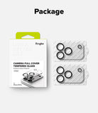 iPhone 18 Pro Camera Protector | Camera Full Cover Tempered Glass (2 Pack) - Ringke camera full cover tempered glass protector set for iPhone 15 Pro, shown with its white retail box featuring a lime green tab and two blister packs of circular black glass protectors on a light gray background.