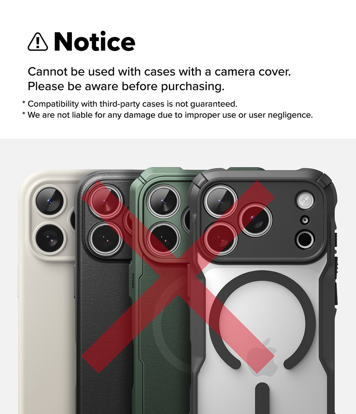 iPhone 18 Pro Camera Protector | Camera Full Cover Tempered Glass (2 Pack) - A compatibility notice graphic states that the phone case cannot be used with a camera cover and should not be purchased before the case is available. Below the text, four smartphone cases are shown in white, black, green, and gray, each marked with a large red X over the camera cutout area to indicate incompatibility.