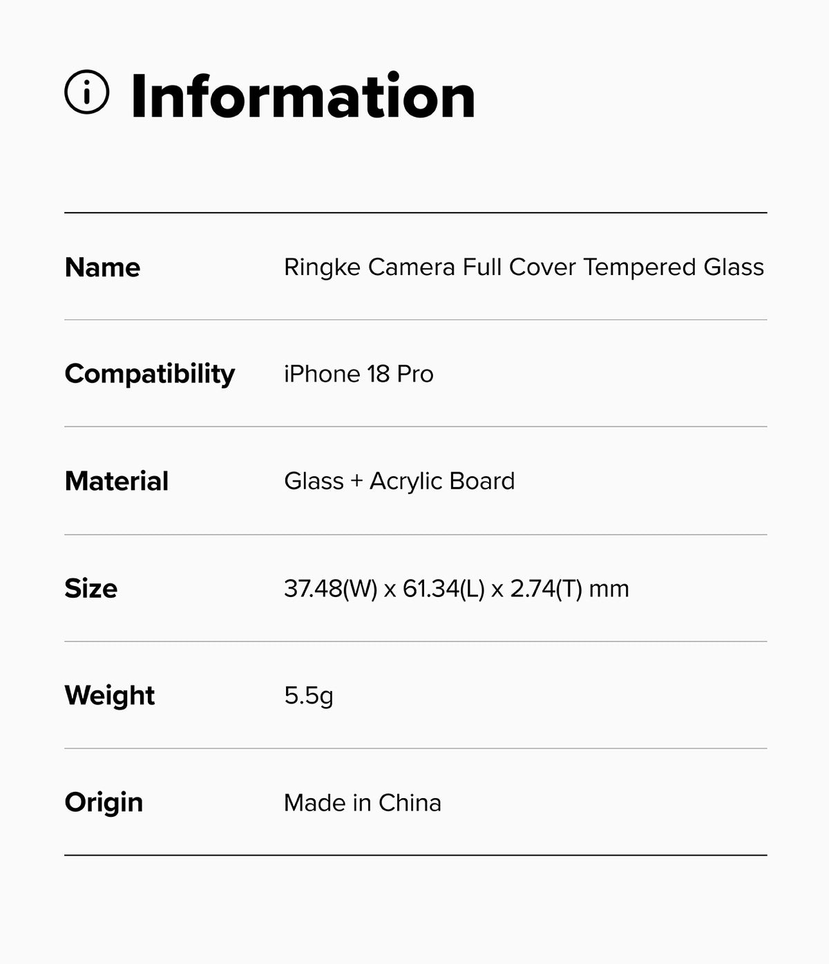 iPhone 18 Pro Camera Protector | Camera Full Cover Tempered Glass (2 Pack) - A product information card with a light gray background and black text listing details for a Ringke Camera Full Cover Tempered Glass case compatible with iPhone 18 Pro Max.