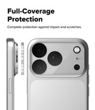 iPhone 18 Pro Camera Protector | Camera Full Cover Tempered Glass (2 Pack) - A silver smartphone shown from the back with a clear protective bumper around the camera and flash, plus a side profile view demonstrating full coverage. Large text reads 'Full-Coverage Protection' with smaller text below stating 'Complete protection against impact and scratches.