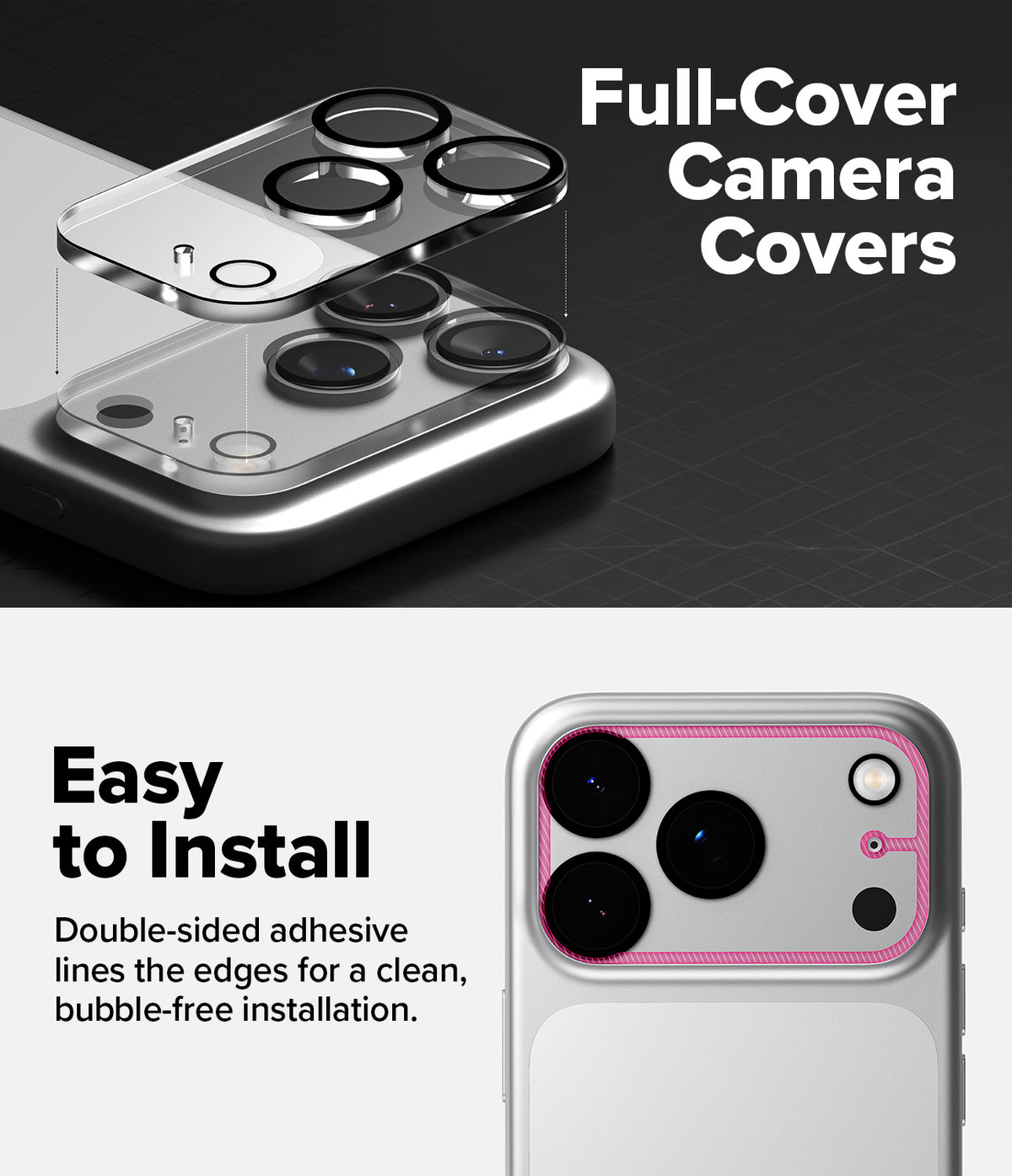 iPhone 18 Pro Camera Protector | Camera Full Cover Tempered Glass (2 Pack) - Promotional graphic for full-cover camera covers, showing transparent lens protectors floating over a smartphone camera area on a dark background, with text reading 'Full-Cover Camera Covers' and a lower panel showing an installed example with adhesive edges and the text 'Easy to Install'.