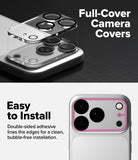 iPhone 18 Pro Camera Protector | Camera Full Cover Tempered Glass (2 Pack) - Promotional graphic for full-cover camera covers, showing transparent lens protectors floating over a smartphone camera area on a dark background, with text reading 'Full-Cover Camera Covers' and a lower panel showing an installed example with adhesive edges and the text 'Easy to Install'.