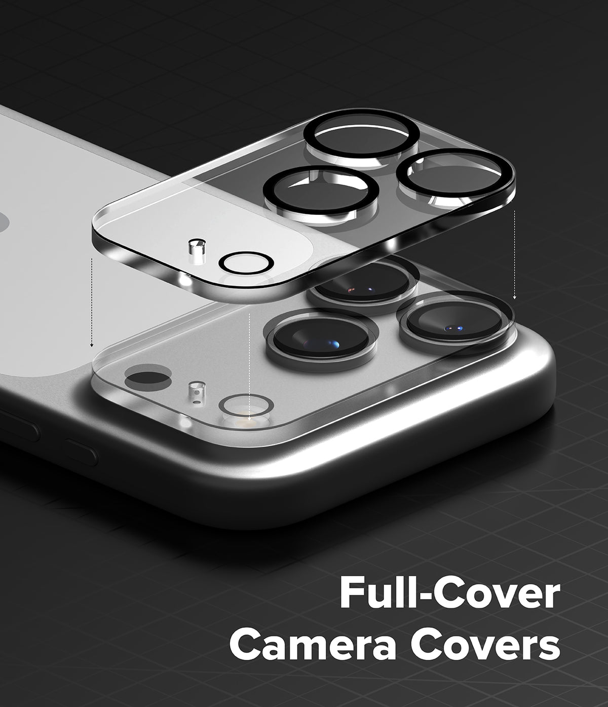 iPhone 18 Pro Camera Protector | Camera Full Cover Tempered Glass (2 Pack) - Three transparent camera lens protectors with black rings shown floating above a smartphone camera module on a dark background, with the text 'Full-Cover Camera Covers' at the bottom.