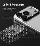 iPhone 18 Pro Camera Protector | Camera Full Cover Tempered Glass (2 Pack) - A promotional graphic for a 2-in-1 phone camera replacement package, showing a silver smartphone with a fitted camera lens protector and a stack of clear tempered glass lens protectors labeled 'Camera Full Cover Tempered Glass 1' and 'Camera Full Cover Tempered Glass 2' on a dark background.