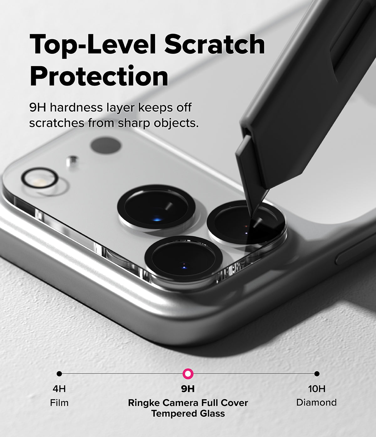 iPhone 18 Pro Camera Protector | Camera Full Cover Tempered Glass (2 Pack) - A close-up promotional graphic showing a smartphone with camera lenses and text reading 'Top-Level Scratch Protection' and '9H hardness layer keeps off scratches from sharp objects.' A stylus is touching the camera area to demonstrate protection.