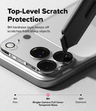 iPhone 18 Pro Camera Protector | Camera Full Cover Tempered Glass (2 Pack) - A close-up promotional graphic showing a smartphone with camera lenses and text reading 'Top-Level Scratch Protection' and '9H hardness layer keeps off scratches from sharp objects.' A stylus is touching the camera area to demonstrate protection.
