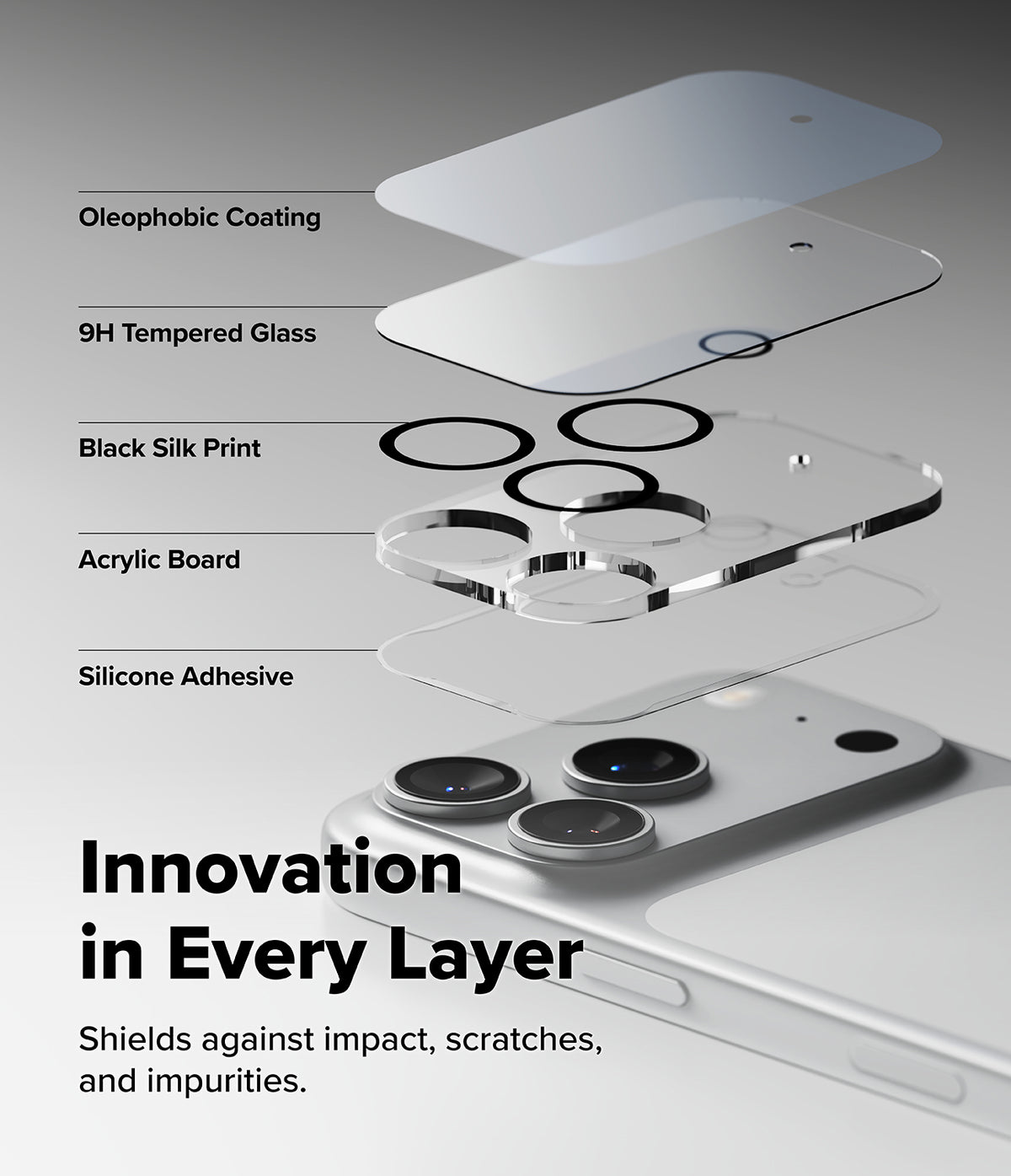 iPhone 18 Pro Camera Protector | Camera Full Cover Tempered Glass (2 Pack) - An exploded diagram showing layered phone screen protectors and camera guard pieces labeled as oleophobic coating, 9H tempered glass, black silk print, acrylic board, and silicone adhesive, with a smartphone underneath and text reading 'Innovation in Every Layer'.
