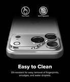 iPhone 18 Pro Camera Protector | Camera Full Cover Tempered Glass (2 Pack) - A silver smartphone shown on a black background with feature callouts: two white icons reading 'True Touch' and 'Anti-Fingerprint' at the top, and the text 'Easy to Clean' with a description about oil-resistant fingerprint removal at the bottom. The product appears to be a phone case or phone back accessory with circular camera-ring details.