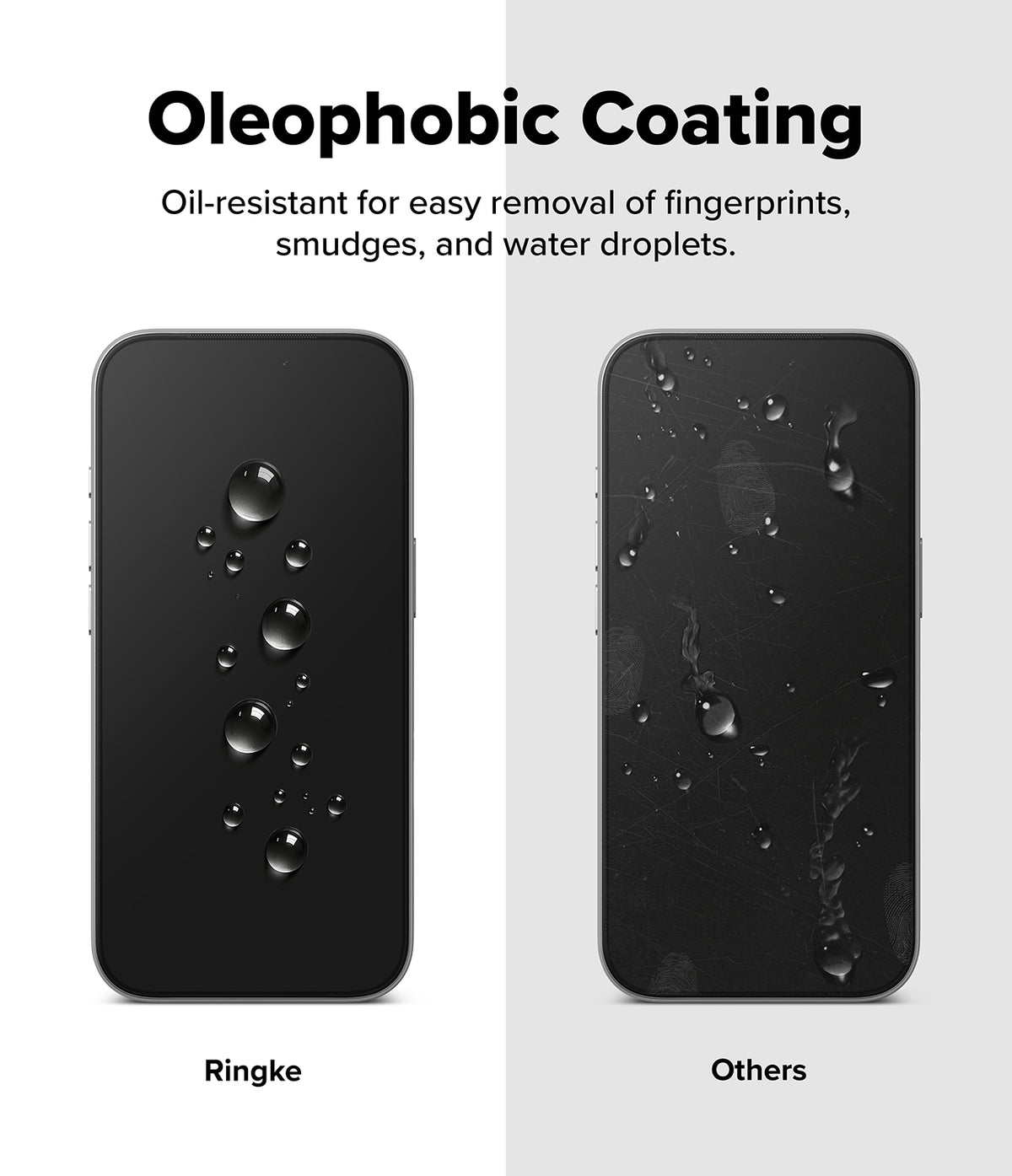 iPhone 18 Pro / Pro Max Protectors all-groups - Comparison of Oleophobic coating on Ringke and non-Ringke phone cases with oil droplets.