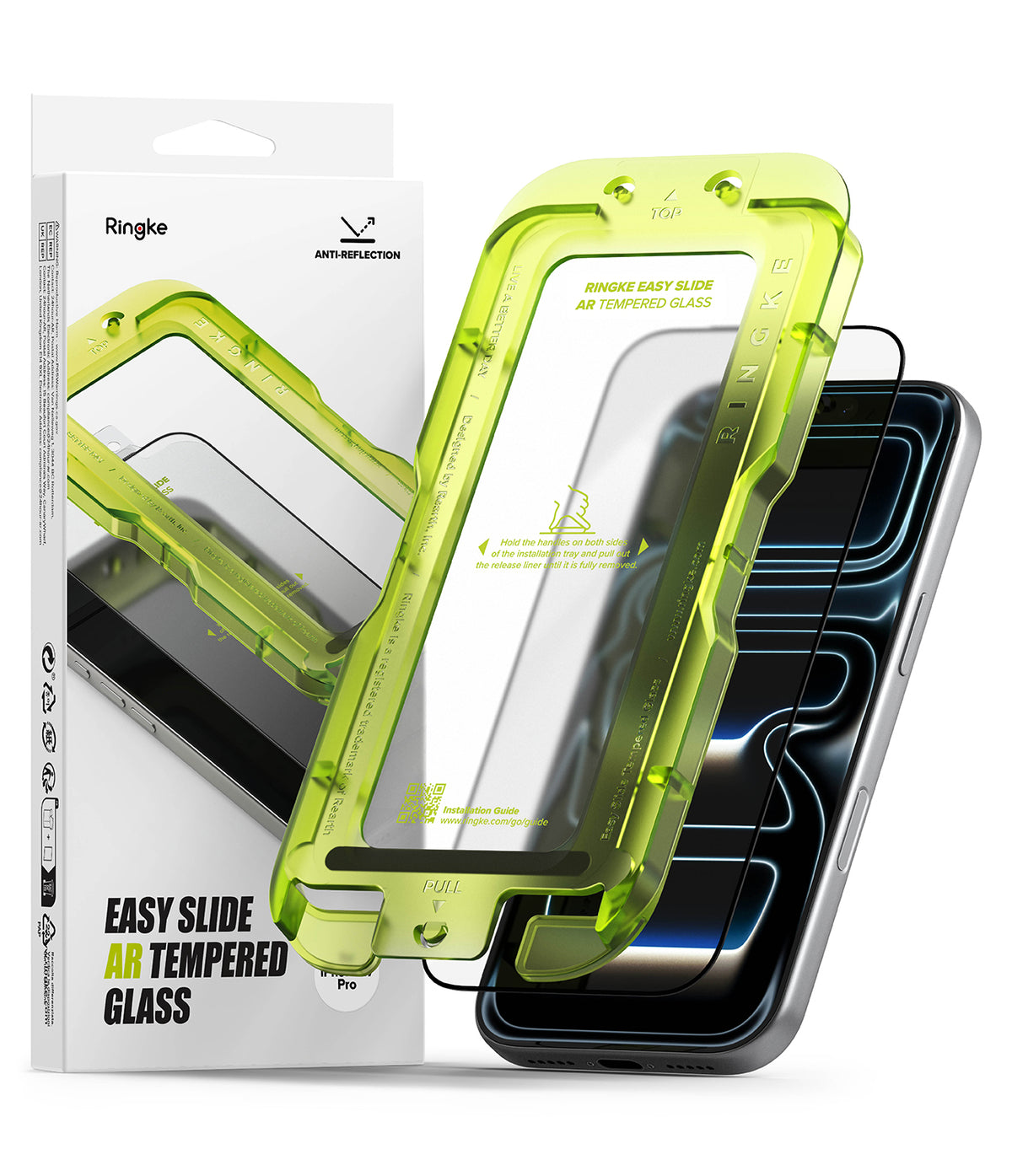 iPhone 18 Pro Screen Protector | Easy Slide AR Tempered Glass - Ringke easy slide air tempered glass screen protector shown with its white retail packaging and a smartphone behind it on a clean white background.