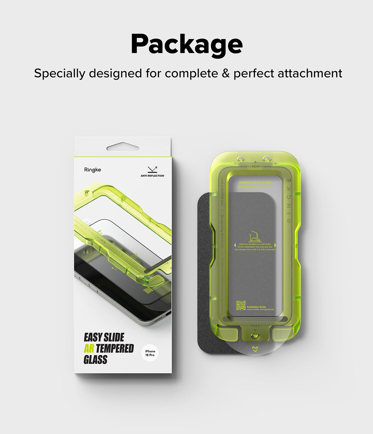 iPhone 18 Pro Screen Protector | Easy Slide AR Tempered Glass - Ringke easy slide AR tempered glass screen protector shown next to its retail packaging on a light gray background, with text above reading 'Package' and 'Specially designed for complete & perfect attachment'.