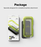 iPhone 18 Pro Screen Protector | Easy Slide AR Tempered Glass - Ringke easy slide AR tempered glass screen protector shown next to its retail packaging on a light gray background, with text above reading 'Package' and 'Specially designed for complete & perfect attachment'.