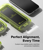 iPhone 18 Pro Screen Protector | Easy Slide AR Tempered Glass - Clear phone case with green accents on a light gray background, featuring text about alignment and installation.