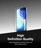 iPhone 18 Pro Screen Protector | Easy Slide AR Tempered Glass - A clear tempered glass screen protector is shown floating over a smartphone on a gray-to-black gradient background, with the text 'High Definition Quality' and 'High transparency delivers clear and vivid image quality.' below.